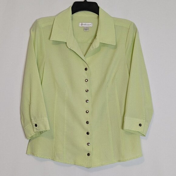 CHRISTOPHER & BANKS Lime Green Collared Blouse; Snaps; 3/4 Sleeves; Size S - Picture 1 of 6